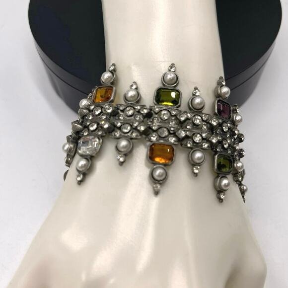 Ben-Amun Vntg Designer Multicolor Crystal White Pearl Art Deco Fringe Bracelet - Picture 6 of 12